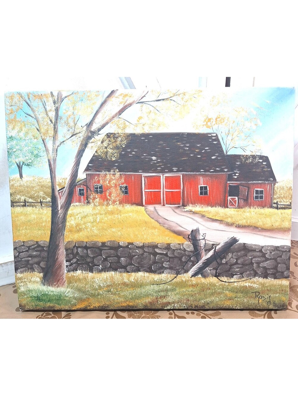 VTG 1983 Original Acrylic Barn Landscape Painting on Canvas 8X10" Signed Rodie